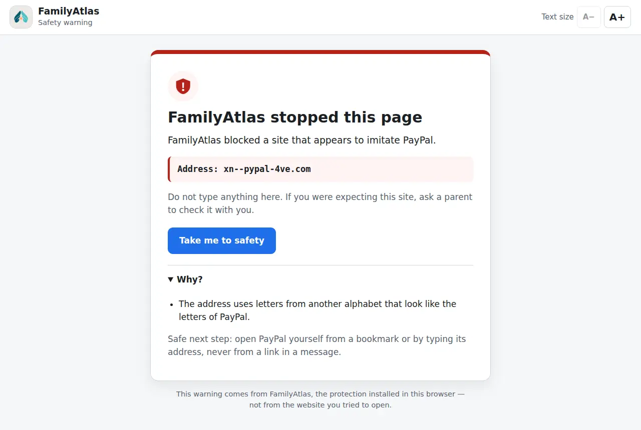 The child warning: FamilyAtlas stopped this page, a site that appears to imitate PayPal, with a Take me to safety button and no way past