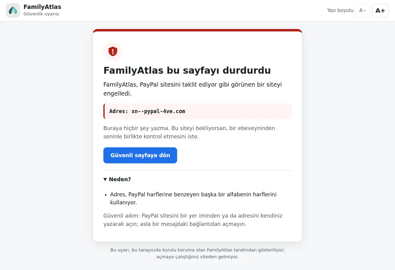 Çocuk uyarısı: FamilyAtlas, PayPal’ı taklit ediyor gibi görünen bu sayfayı durdurdu; Güvenli sayfaya dön düğmesi var, geçme seçeneği yok