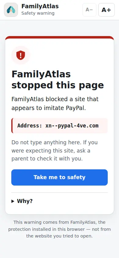 The FamilyAtlas child extension on a phone-sized screen: FamilyAtlas stopped this page, a site imitating PayPal