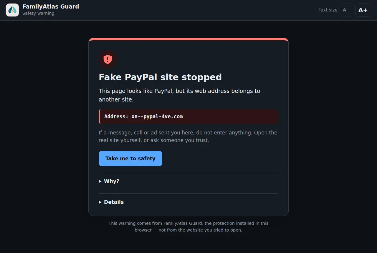The Fake PayPal site stopped warning in dark mode