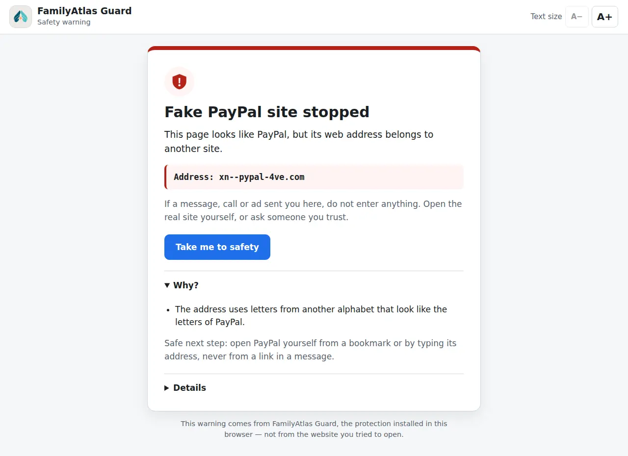 Guard warning: Fake PayPal site stopped, with the reason that the address uses letters from another alphabet