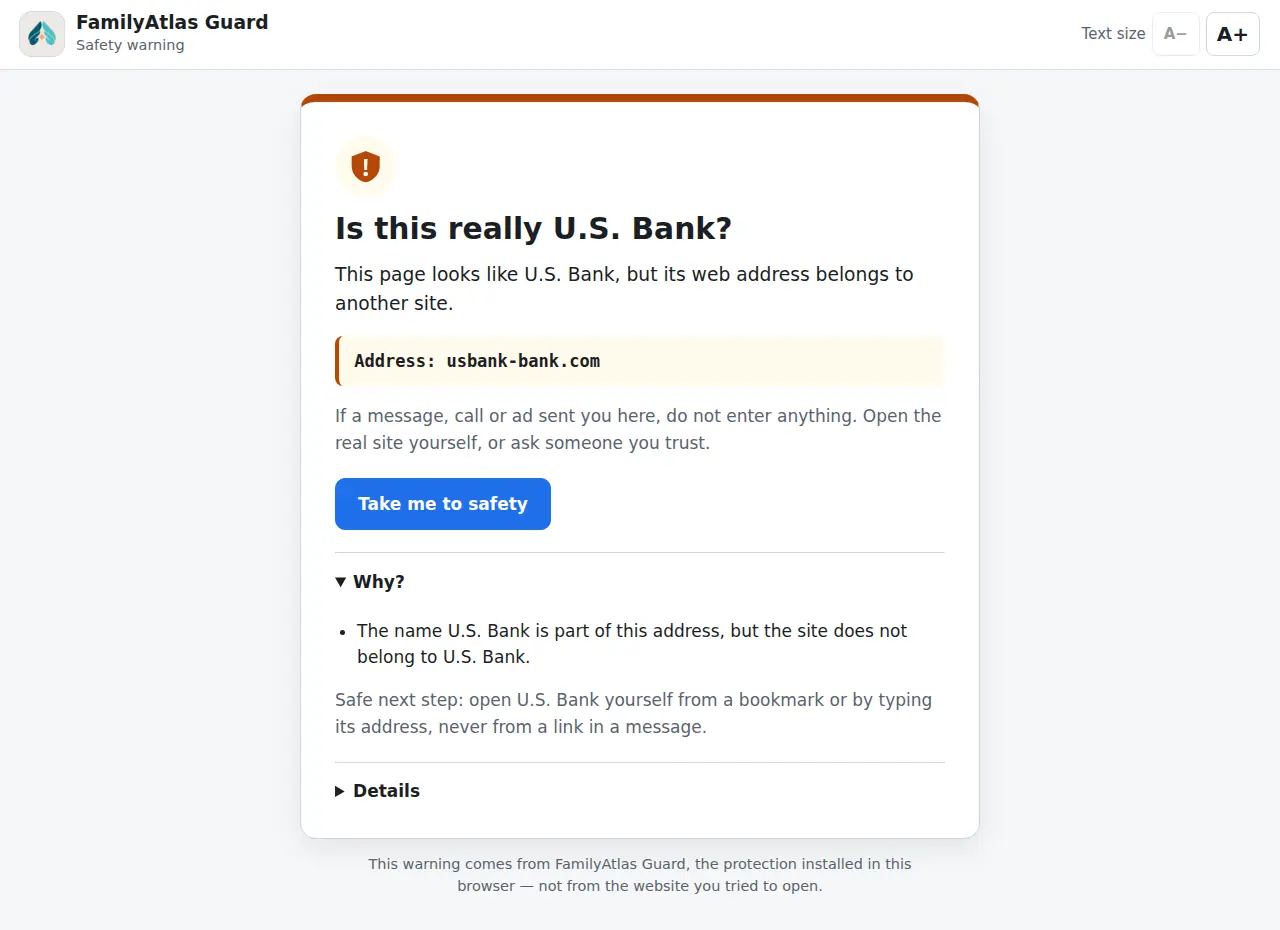 FamilyAtlas Guard warning: “Is this really U.S. Bank?” for the address usbank-bank.com, with a Take me to safety button